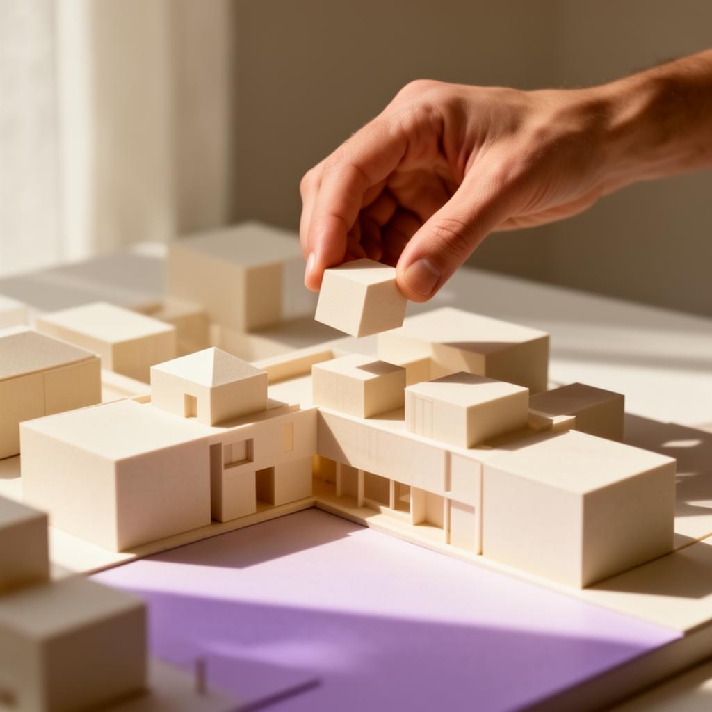 Mão posicionando peça em uma maquete arquitetônica